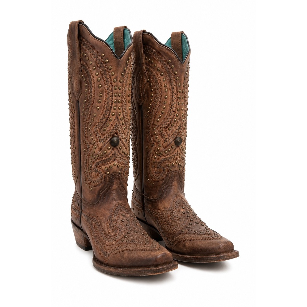 NEW Corral Studded Embroidered Western Cowboy Boots Brown Leather Square Toe 7M